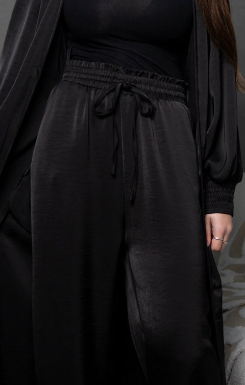 Satin black wide leg pant